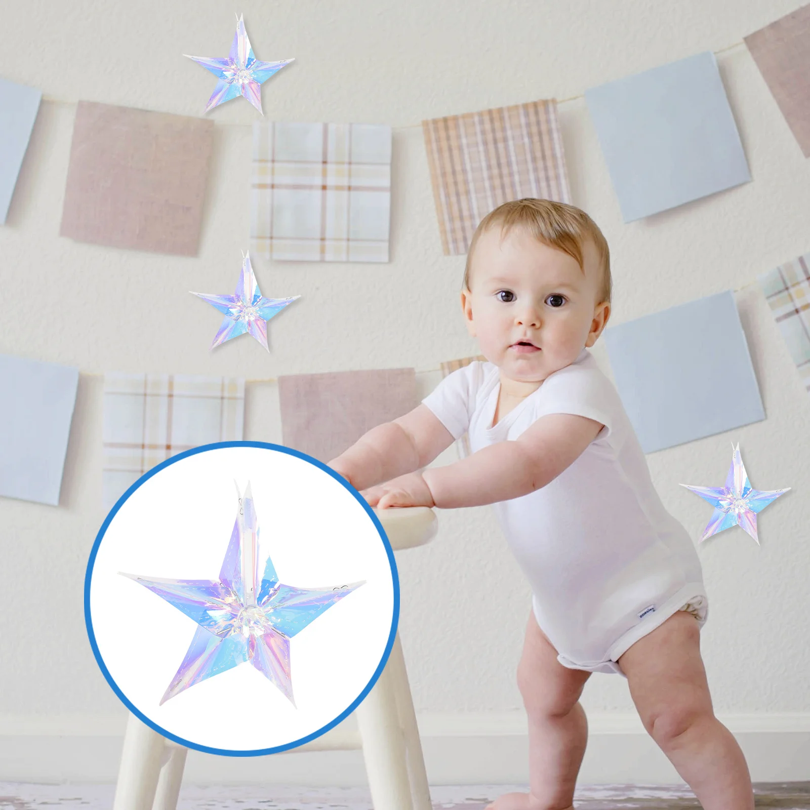 

4Pcs Hexagonal Star Pendant Neon Film Hanging Decoration Iridescent Wall Decor Birthday Wedding Nursery Room