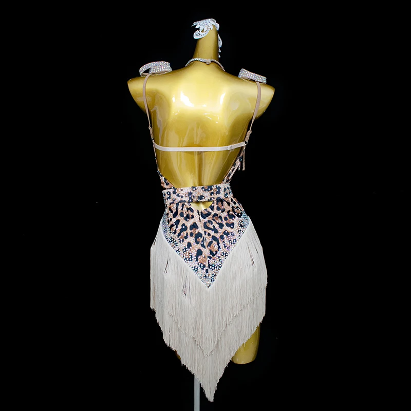 فستان رقص لاتيني للنساء مخصص بشراشيب مطبوعة بطبعة الفهد ملابس المنافسة المهنية فساتين أداء التانغو السامبا