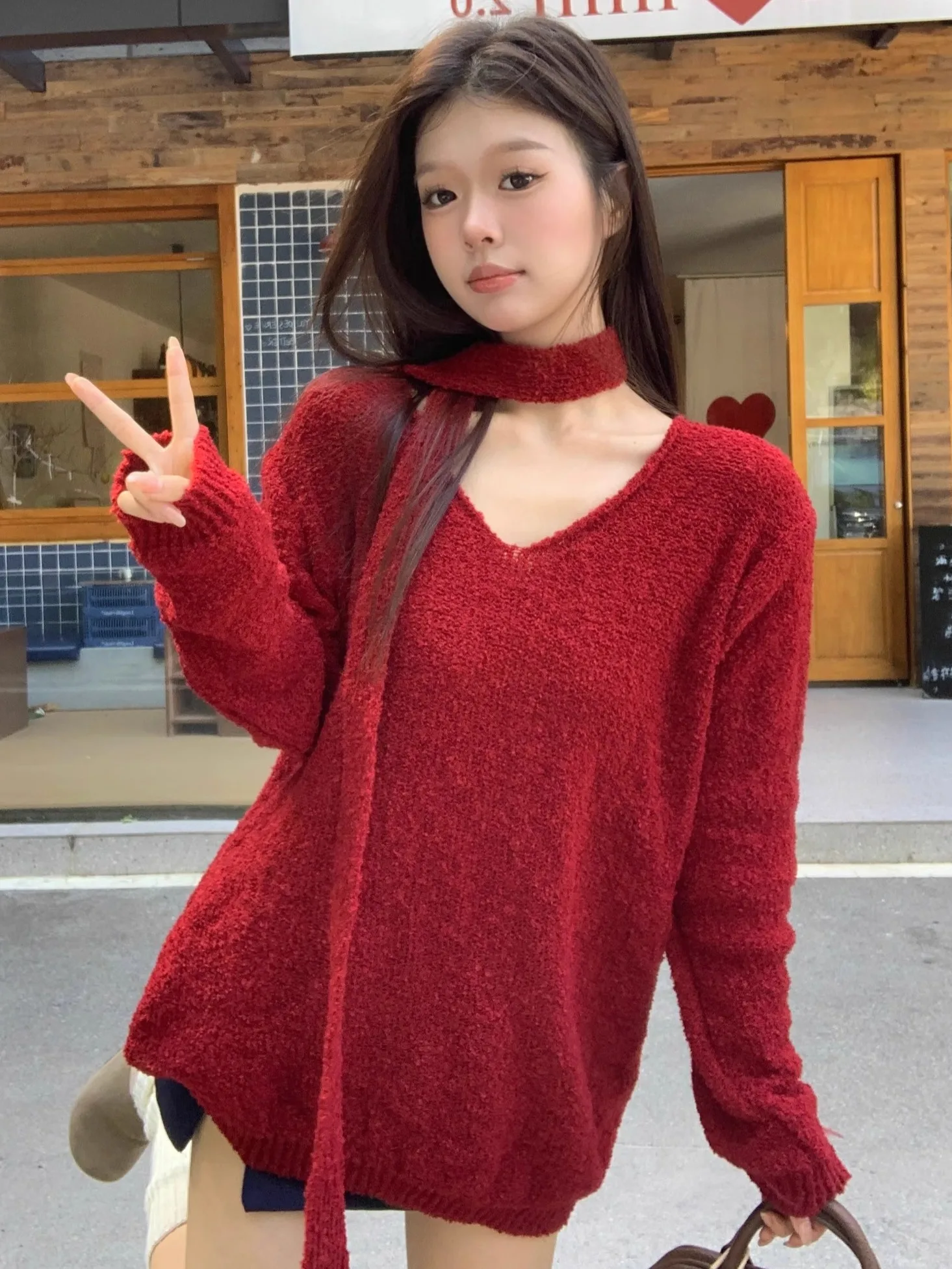 루즈핏 레드 니트 스웨터, 스카프 포함, 가을 겨울용 따뜻한 V넥 롱 스웨터, 여성용 상의