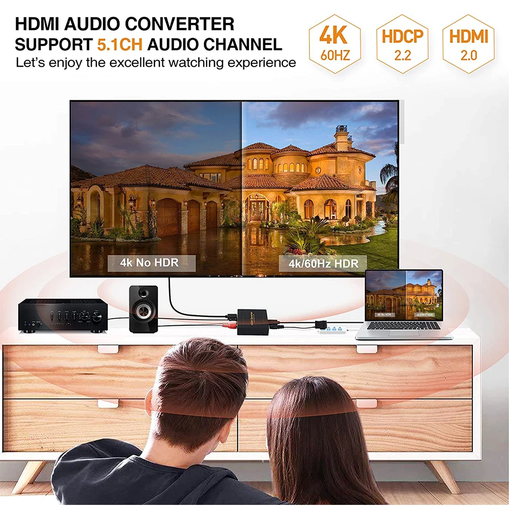 Convertidor Extractor de Audio HDMI 4K 60Hz HDMI a HDMI+Audio (SPDIF+RCA L/R Estéreo) Compatible con 3D HDCP2.2 18Gpbs