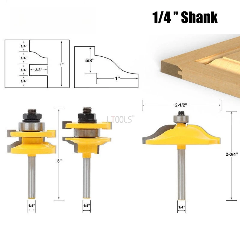 

3 шт./компл. 1/4 "6,35 мм фреза с хвостовиком, резьба по дереву, приподнятая панель, фреза для двери шкафа, набор фрез для деревообработки, фрезерный станок