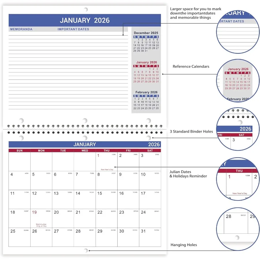 Calendario 2026 Calendario da parete 2026 gennaio 2026 dicembre 2026 Memor da 8,5" x 11" rivestito con carta spessa Rilegatura a doppio filo Vacanze Julia