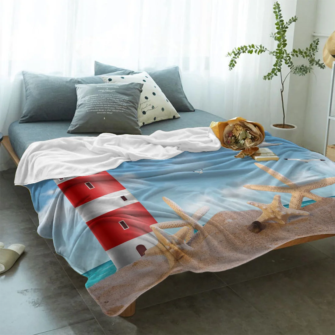 Sea Beach Lighthouse Starfish Seagull Flannel Blanket Travel Picnic Blanket Portable Soft Bedspread Blankets for Beds