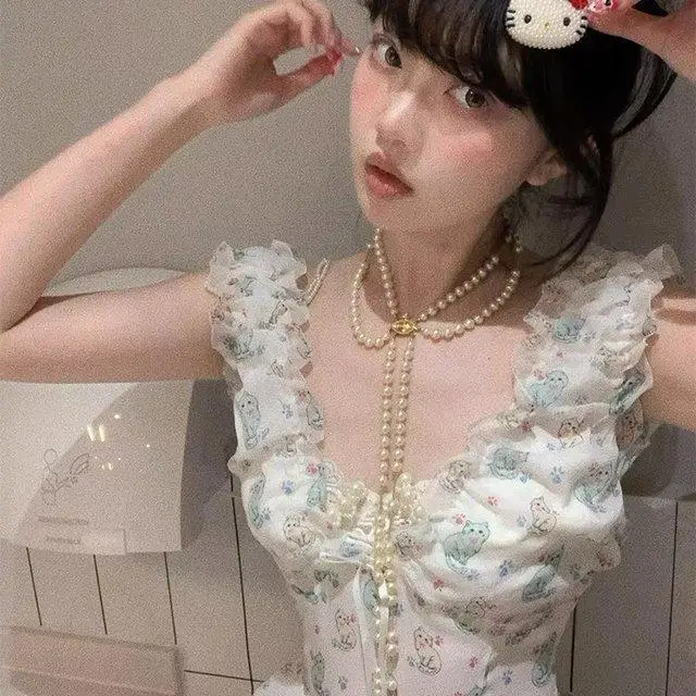 Abito a canotta con orlo a palloncino con stampa gatto che impiegato in vita stile Miu primaverile per donna Mini abito estivo carino da donna