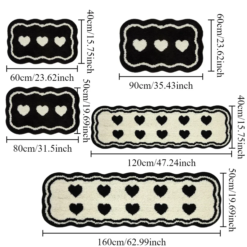 1PC Heart Black & White Rug Door Tuftting Mat Soft Thick Fluffy Tuftted Door Floor Carpet Bathroom Absorbent Toilet Kitchen Rug