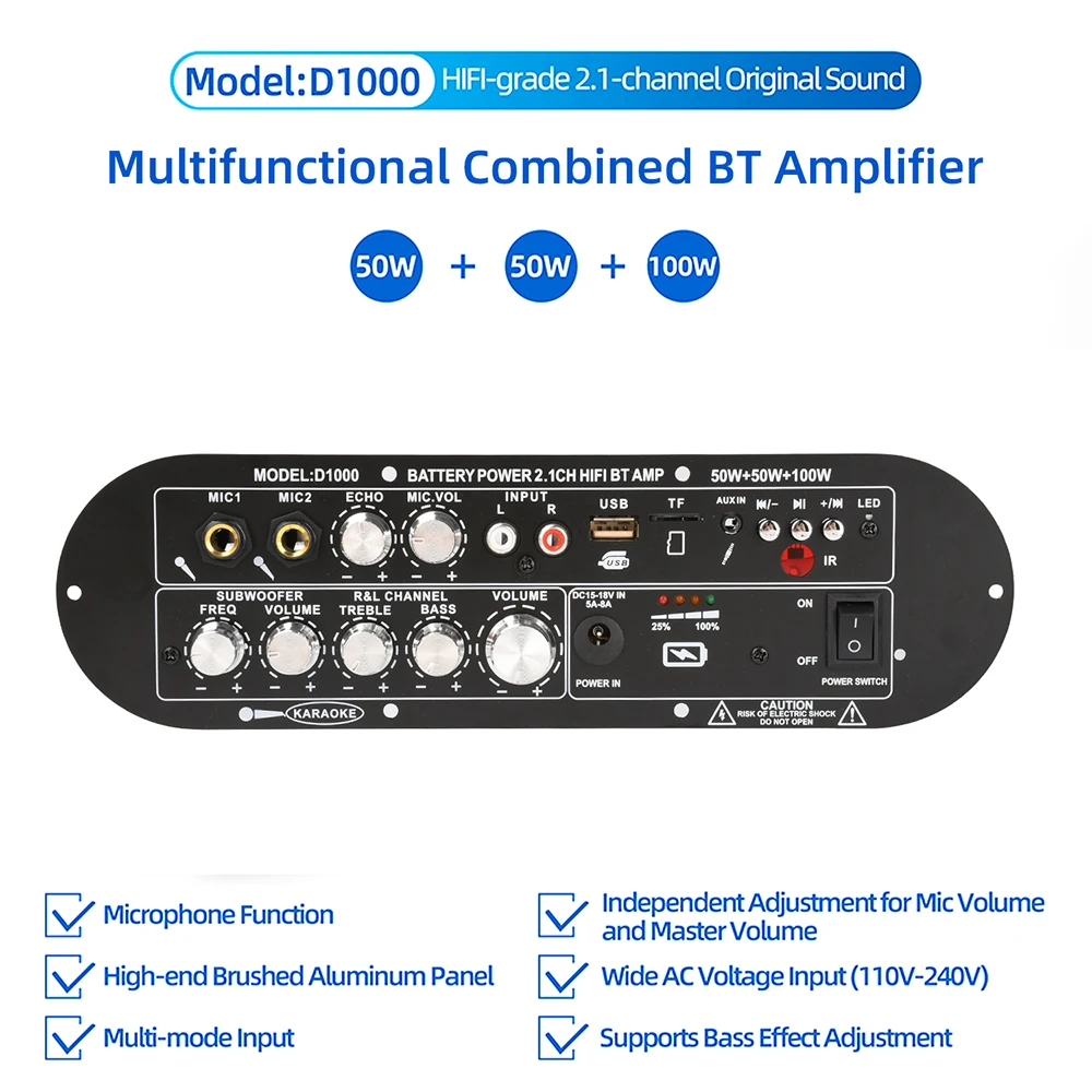 2.1 Channel Bluetooth Amplifier Board 100W Subwoofer DSP Digital Processor Karaoke Function DC 15-18V Home Theater Sound System view 2