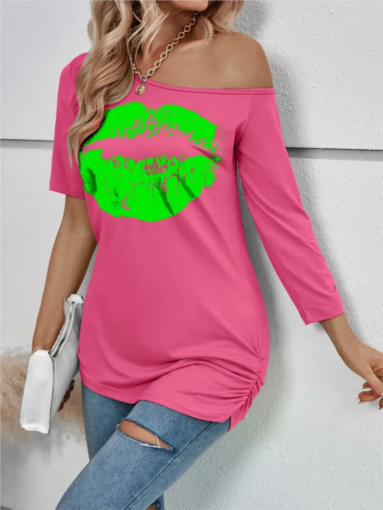 Casual Lips Print Short Sleeve T-Shirt Women\'s Off Shoulder Fashion Slim Top Summer Elegant Office Tops T Shirt Tshirts New