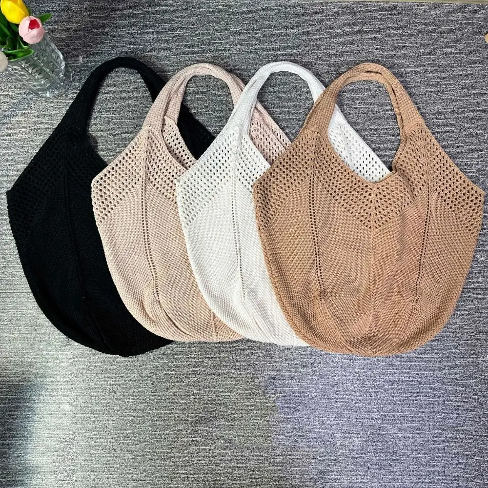 Casual Hollow Women Shoulder Bag Solid Color Large Capacity Summer Woven Beach Bag Foldable Handmade Crochet Tote Bag JJ2245