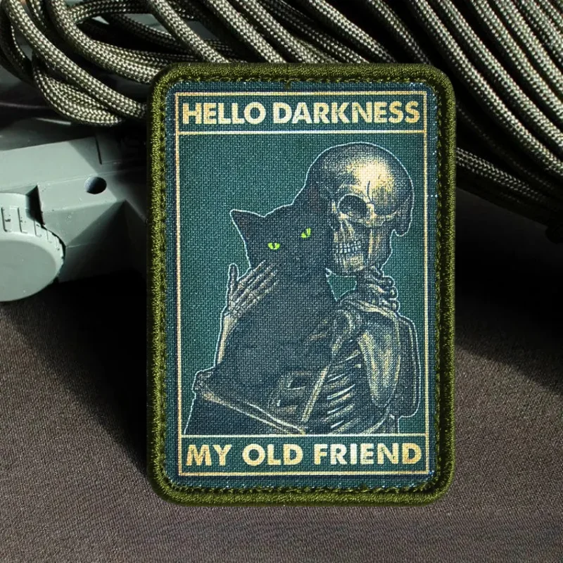 

"Hello Darkness my old friend" Tactical Patch Skeleton Holding Cat Printing Patches Klett Military Morale Badge Backpack Sticker