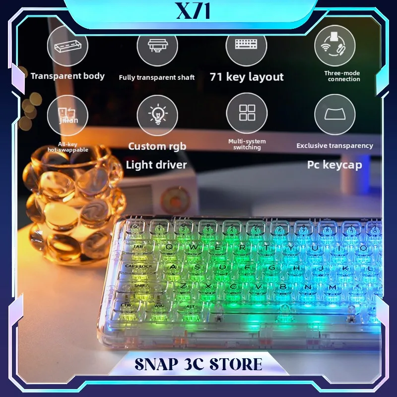 YUNZII X71 Transparent Wireless Mechanical Keyboard 71 Keys Tri-mode Bluetooth RGB Hot Swap Crystal Aesthetic Keyboard for Mac