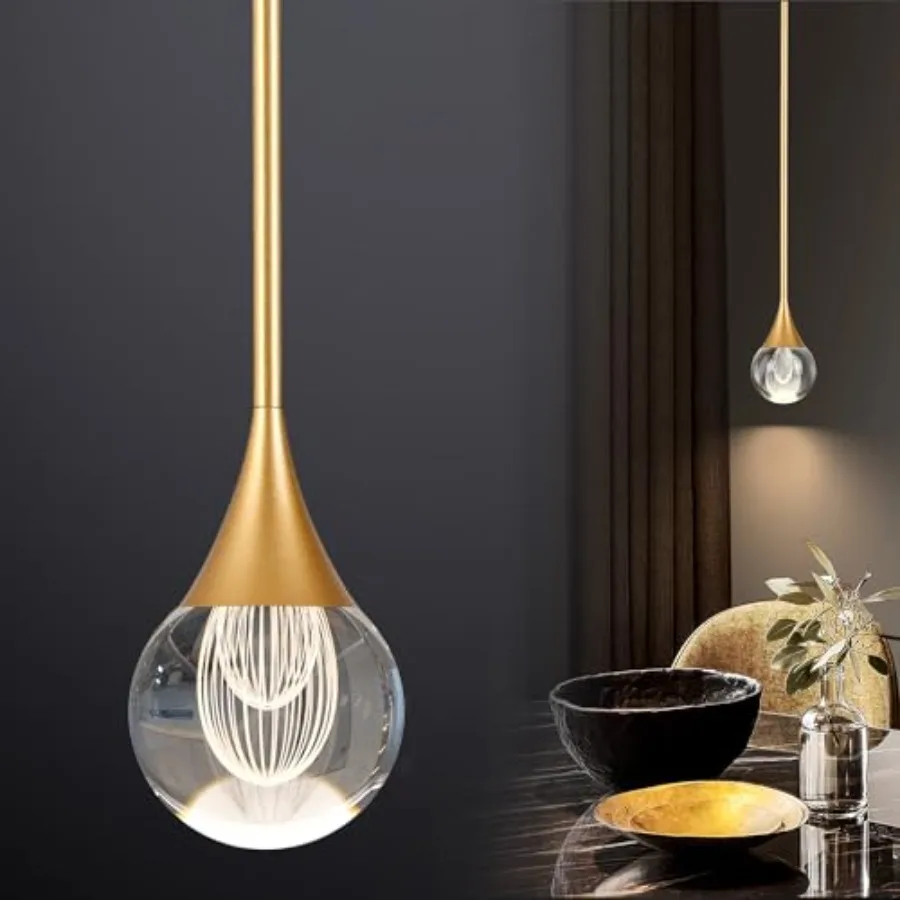 

1-Light Teardrop Crystal Pendant Light Brass Gold Globe Ceiling Hanging Light Fxitures LED Raindrop Light Fixtures Metal Rod Ce