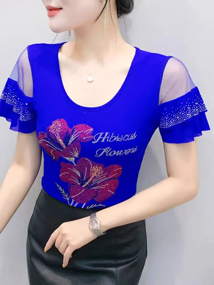 2025 Fairy Eye-catching Female T-shirt Spring Summer Woman Short Sleeve Tops Tee O-neck Printed Flowers Butterfly Sleeve Sheer