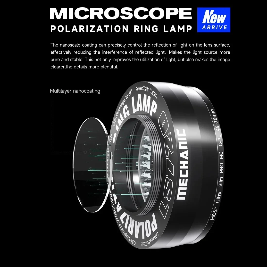 Mechanic LS720 Microscope Ring Light Polarized Ring Light Eliminates Reflection Suitable for Most Stereo Microscopes 48mm Size