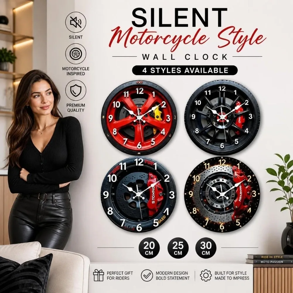 Motorcycle Style 2D Flat Wall Clock Silent Non-ticking 2D Car Wheel Hub Wall Clock Wall Decor 20/25/30cm Quartz Wall Clock