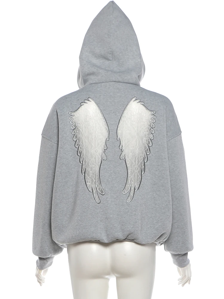 Kliou Wings Lace Backless Hooded Pullover Woman Autumn Trend Full Sleeve Skinny Stretch Hot Girls High Street Fashion Style Tops