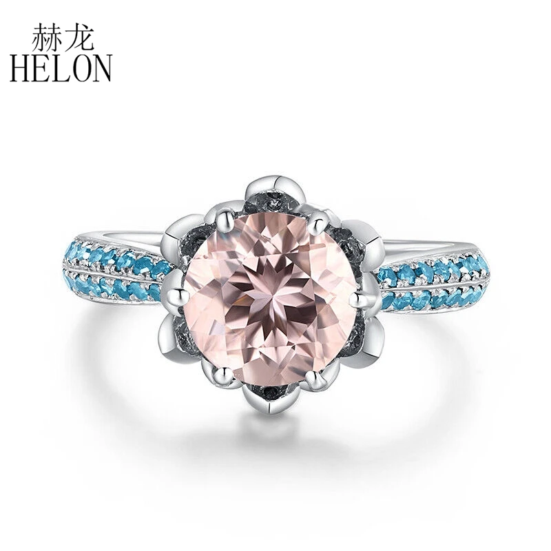 

HELON 8mm Round Morganite Ring Solid 14K White Gold Blue Diamond Engagement Ring Women Party Flower Shape Trendy Jewelry Gift