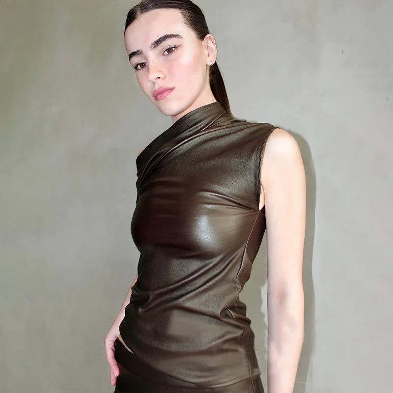 

Женский облегающий кожаный топ на бретельках с асимметричным вырезом на одно плечо, однотонный, модный, для уличного стиля