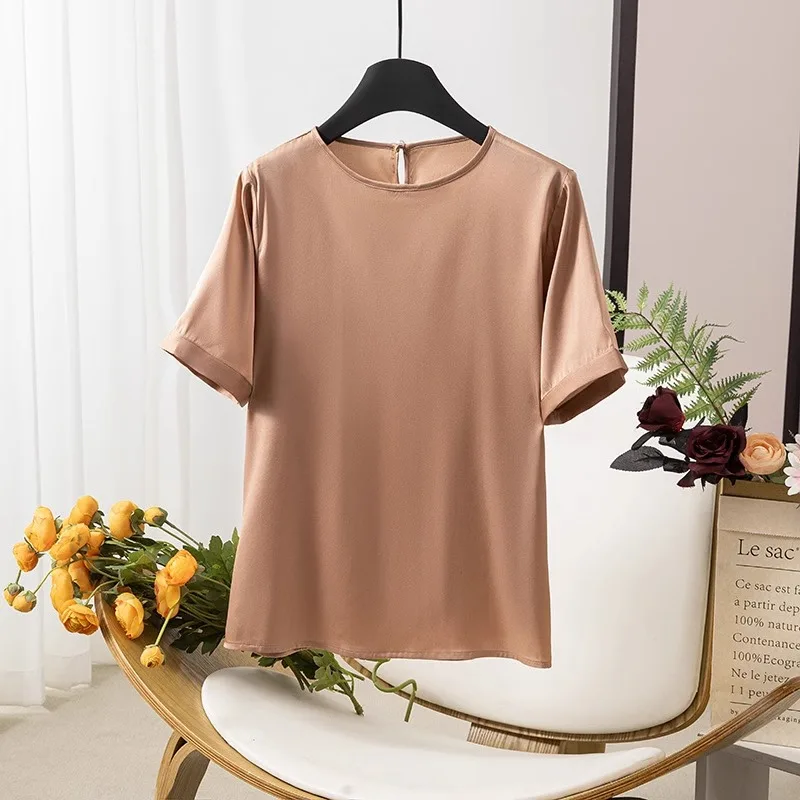 Smooth and Breathable 93% Natural Mulberry Silk Elastic Double Qiao Satin Round Neck Commuting Women\'s Short Sleeved T-shirt