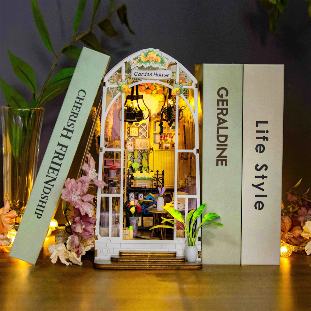 DIY Book Nook Garden House Casa Wooden Miniature Model Kit Bookend Assembled 3D Puzzle Bookshelf for Friends Gifts Home Decor