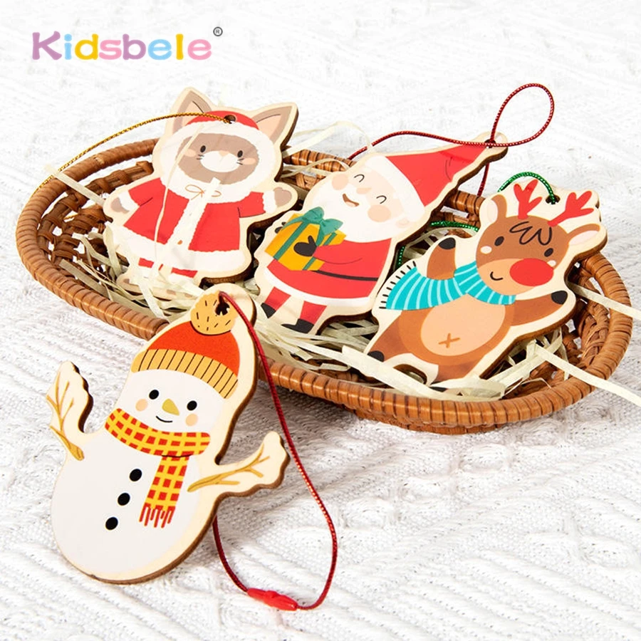 

DIY Wooden Hanging Decoration Christmas Santa Claus Sleds Snowman 20 PCS Pendant Xmas Tree Hanging Ornament Party Gift for Kids