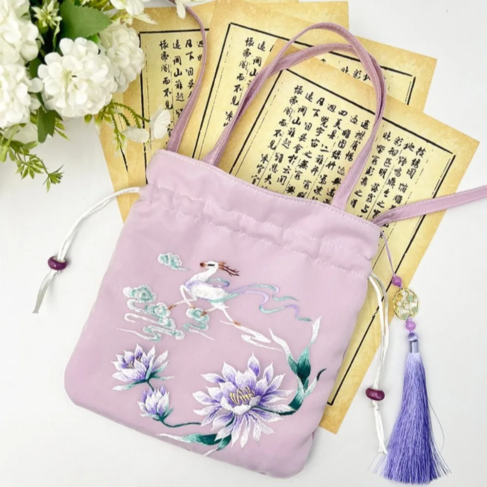 エレガントな中国風巾着バケツバッグオーガンザフラワー漢服刺繍ハンドバッグエスニックスタイル甘い小さな財布バッグアウトドア