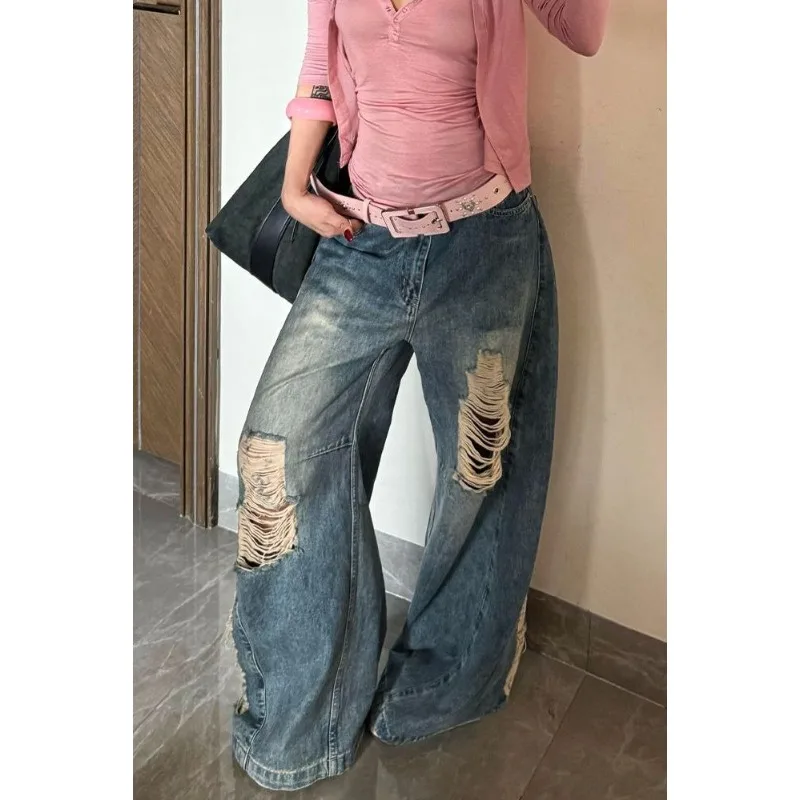 

American Vintage 2000s Ripped High Waist Baggy Jeans Women Casual Pockets Hip-hop Pants Summer Y2K Oversiz Panther Denim Trouser