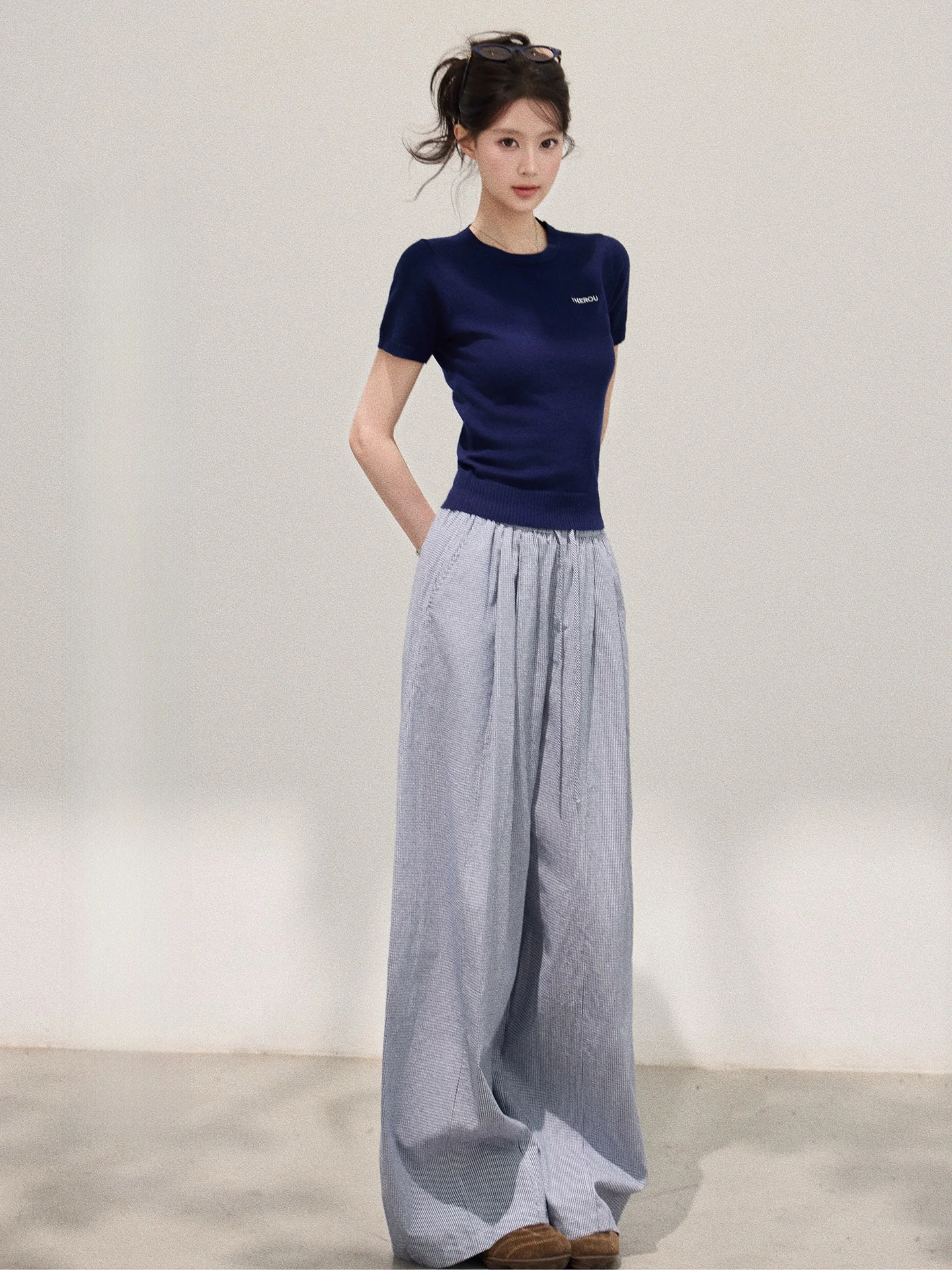 

Exue Not Meat Women's Wide Leg Casual Pants Spring Summer Korean Style Loose All-Match Floor-Length Trousers Plaid Pattern