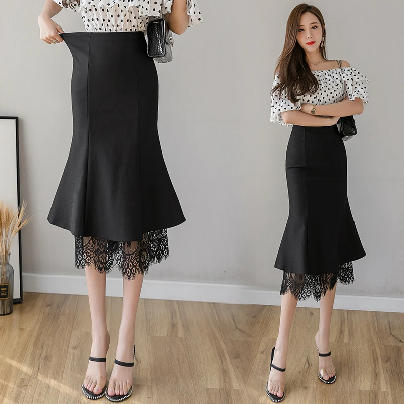 Summer 2023 New Spliced Lace High Waist Elastic Skirt Women's Fashion Sexy Wrapped Hip Fishtail Skirt