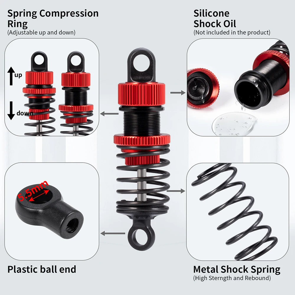 YEAHRUN 4Pcs Aluminium Alloy Oil Shock Absorbers for Tamiya TT02 1/10 RC Drift Car Upgrade Parts
