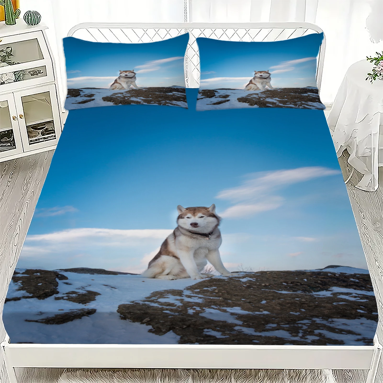 Snow Mountain Wolf Theme Personalized Fitted Sheet Set with at Least 1 Pillowcase Available In Various Sizes For Boys And Men