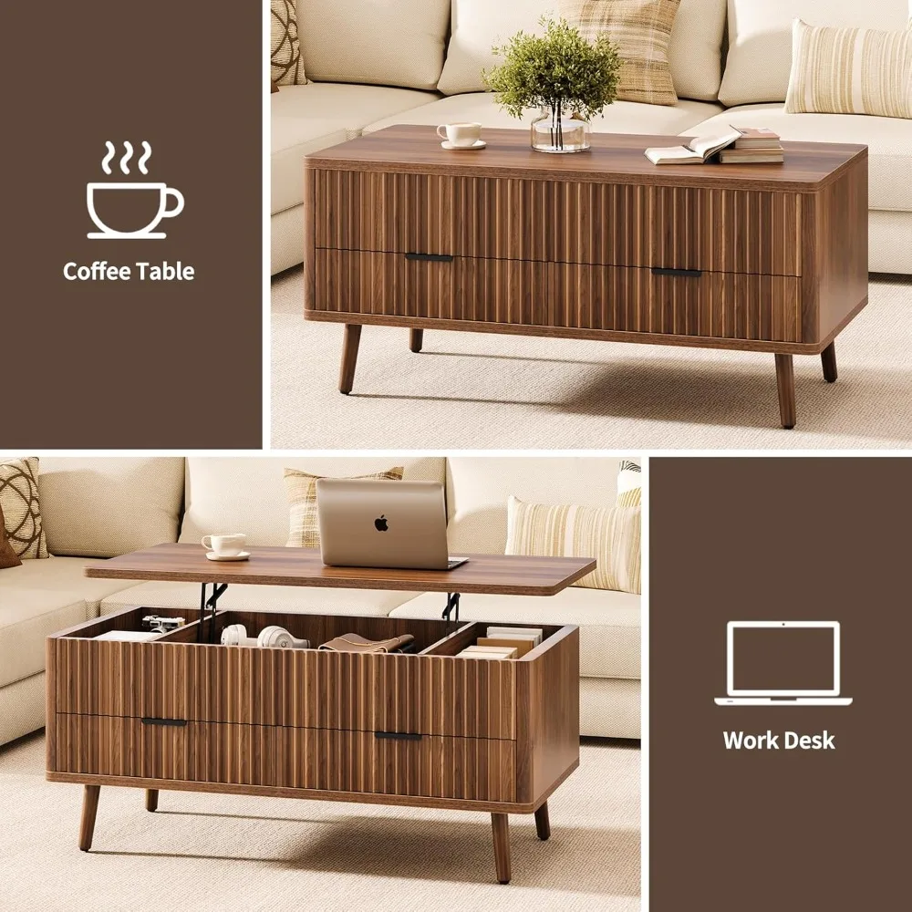 Lift Top Coffee Table with Storage - Fluted Wood Coffee Tables for Living Room with Drawers & Hidden Compartment, Mid Century Mo