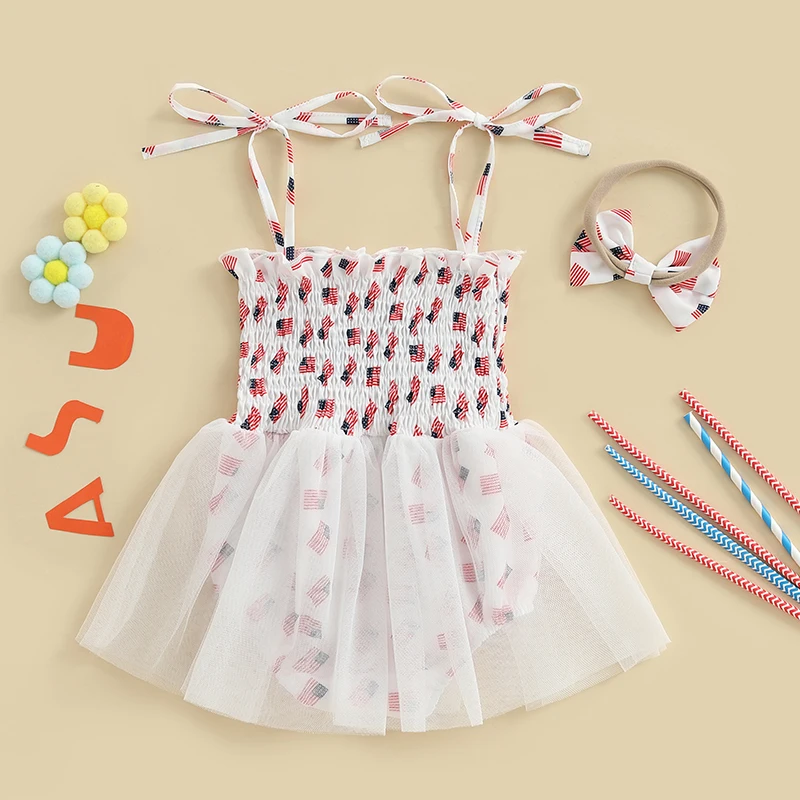 الرضع طفلة 4th من يوليو الزي العلم الأمريكي التعادل الكتف Smocked رومبير فستان القوس عقال طفل 2 قطعة الصيف مجموعة