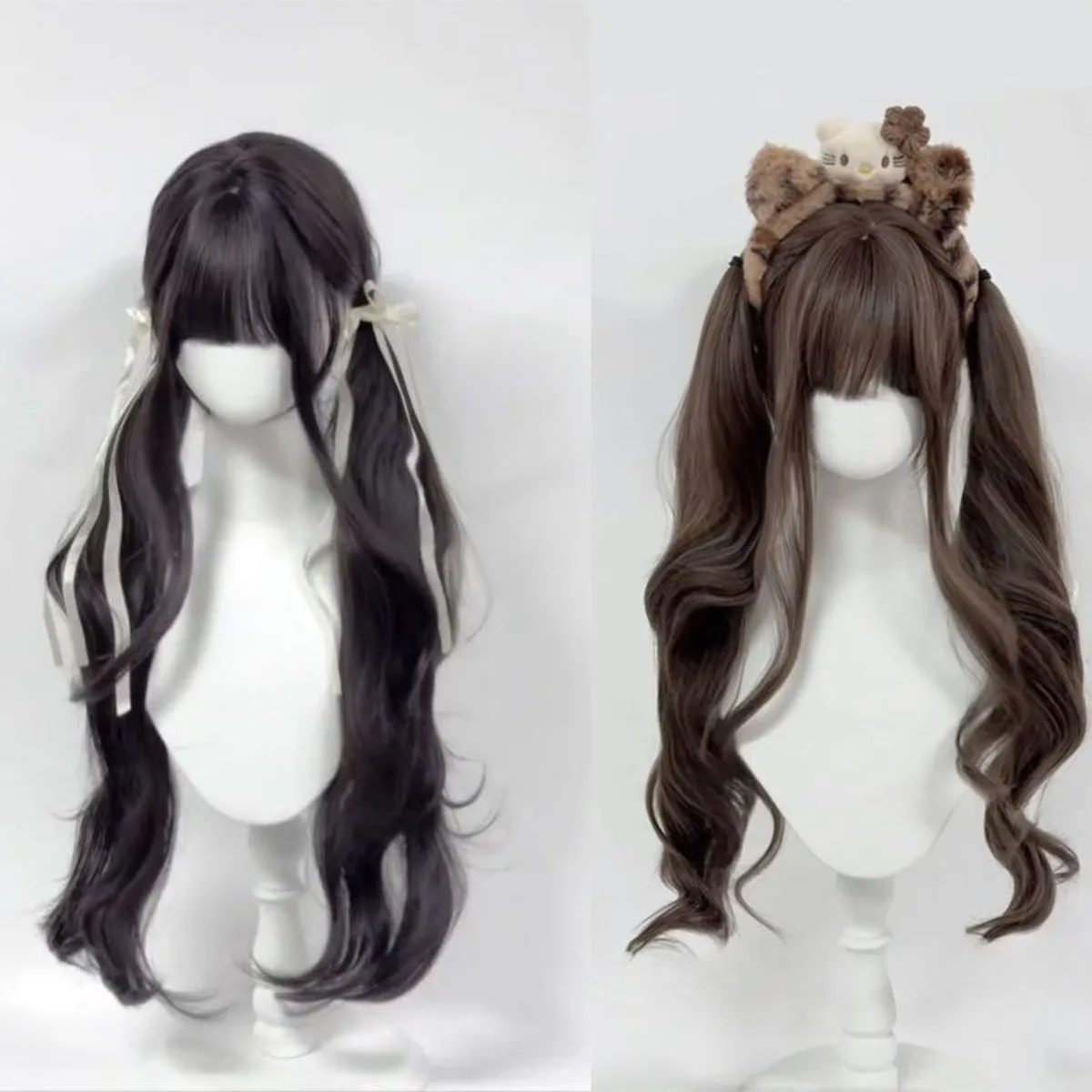 Peruca cosplay de menina macia Lolita branca |   Cabelo longo ondulado em fibra resistente ao calor fosca, conjunto completo de boné