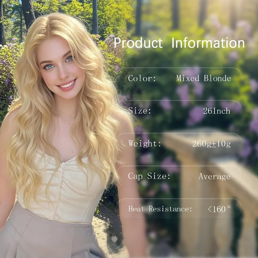 شعر مستعار طويل أشقر مموج للنساء البيض الجزء الأوسط شعر مستعار مموج مجعد 26 بوصة مظهر طبيعي مقاوم للحرارة شعر مستعار اصطناعي لـ Cosplay D #2