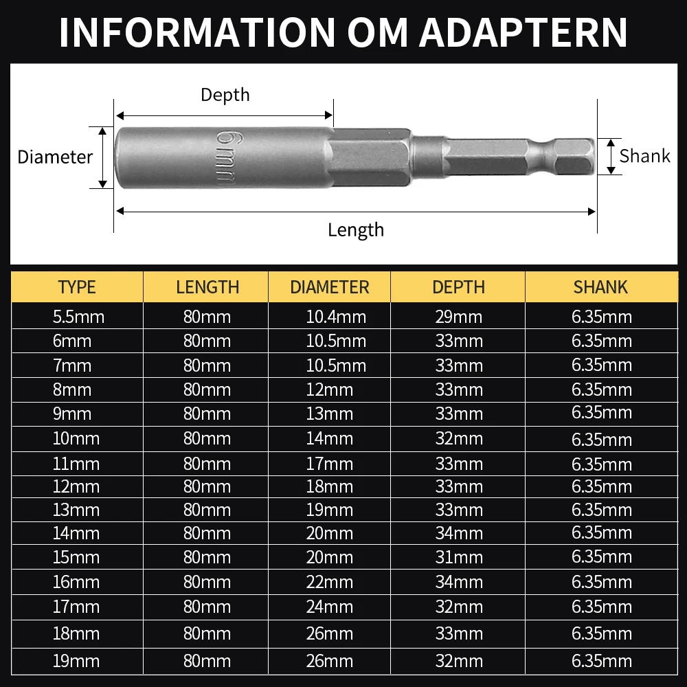 Uzunluk derinleştirmek darbe soketi adaptör 5.5-19mm güç somun anahtarı lokma seti 1/4-inç altıgen matkap tornavidası anahtar kafa el aracı seti