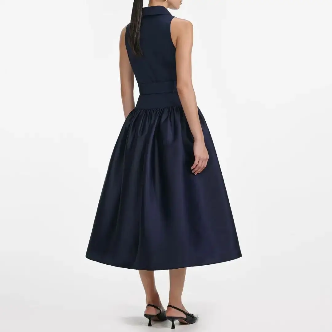 فستان نسائي ميدي بدون أكمام موضة فستان سيدة OL عالي الخصر #3