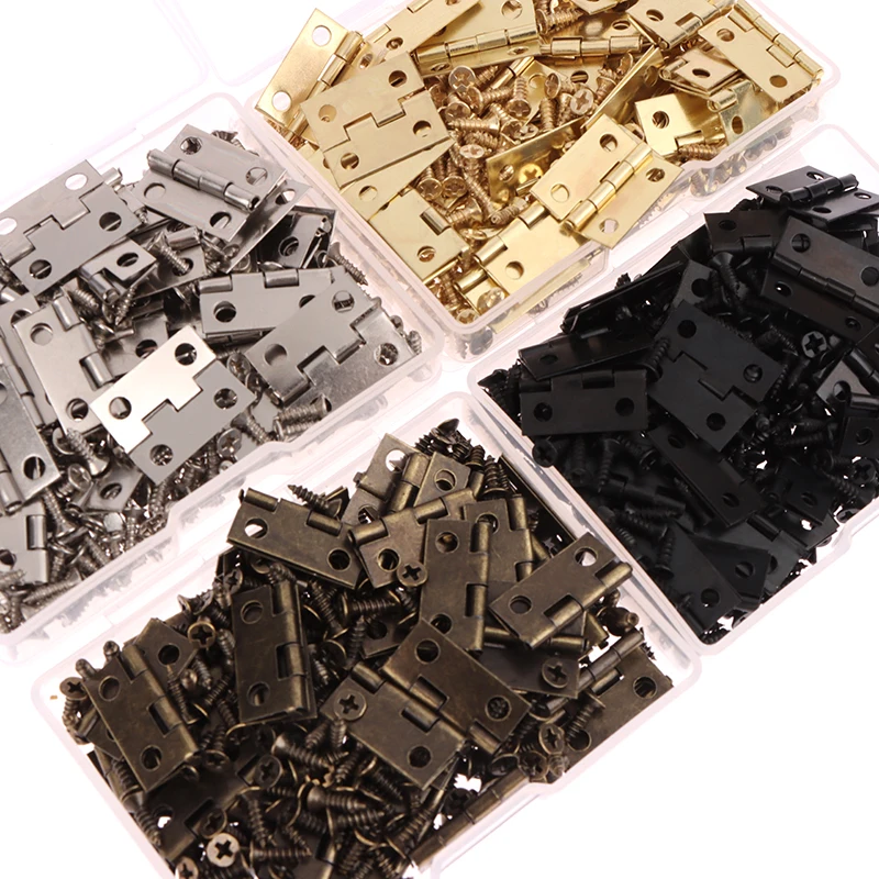 

4 Holes Durable Furniture Hardware Mini Hinge Decor 50pcs/box Hinges + 200 Screws Iron Gold Silver Black Bronze