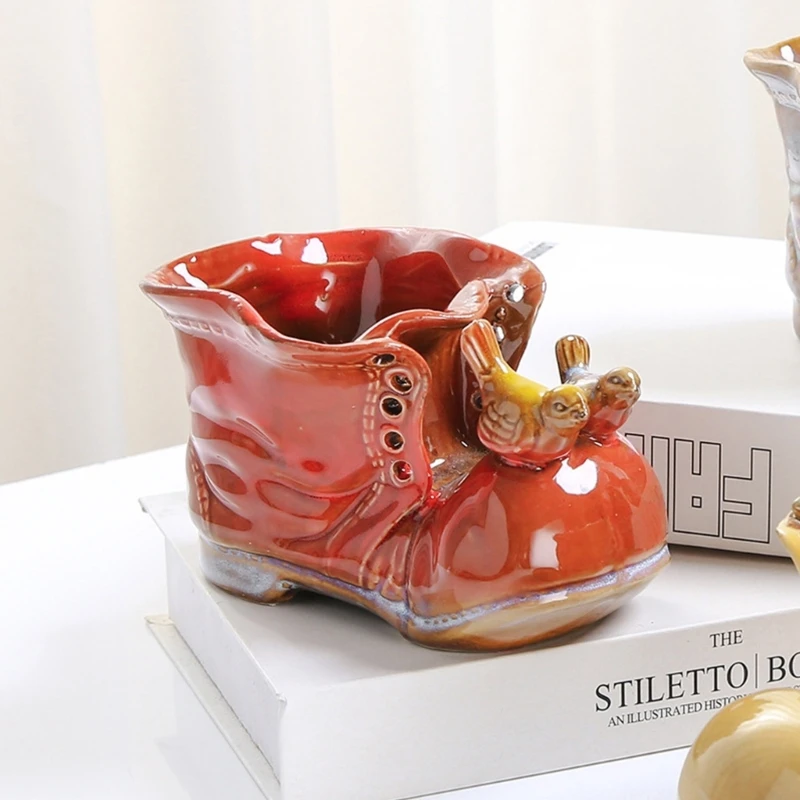 Ceramic Boot Vase for Tabletop Use, Indoor Flower Holder, Desk Counter Accent and Home Shelf Display D2RD