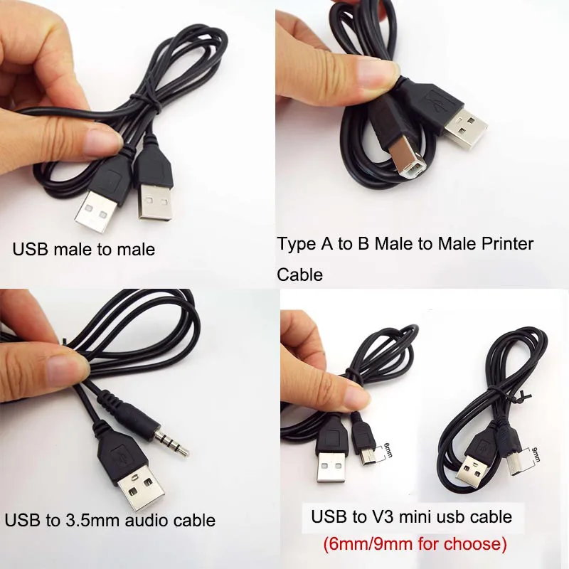 5 types USB 2.0 type A Male To B Male Mini USB 5p Printer cable 3.5mm Audio v3 Charging Extension Connector Adapter Cord Wire