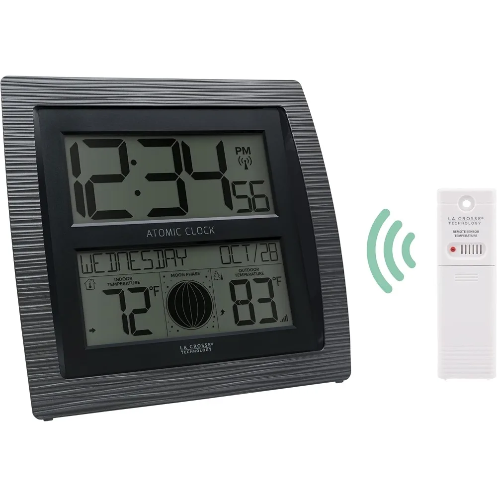 ساعة رقمية ذرية منحنية مع مرحلة القمر ودرجة الحرارة - حفظ الوقت الدقيق للمكتب المنزلي