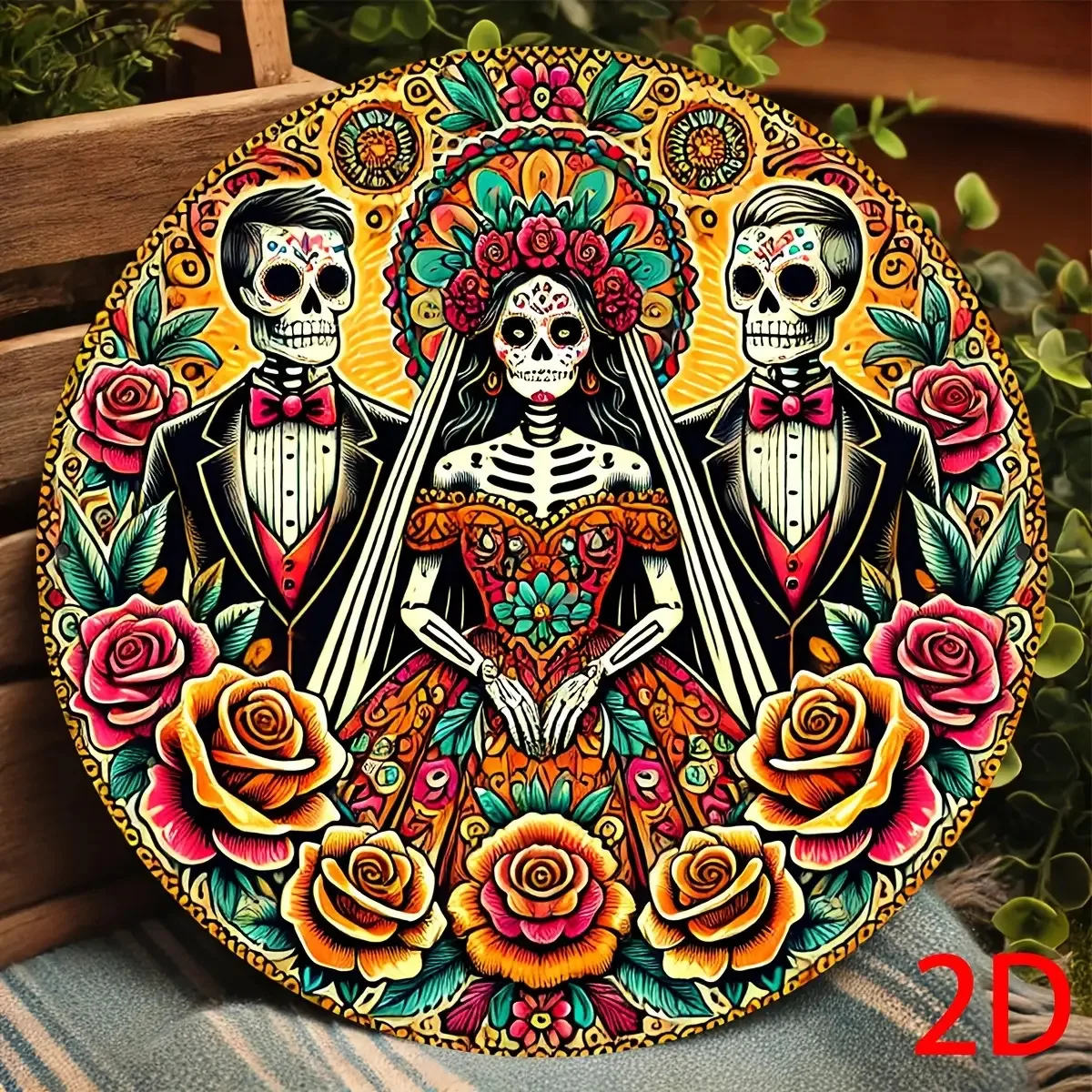 علامة خشبية دائرية مسطحة ثنائية الأبعاد: هيكل عظمي يوم الموتى للعروس والعريس، قلادة خشبية قديمة، ديكور يوم الموتى