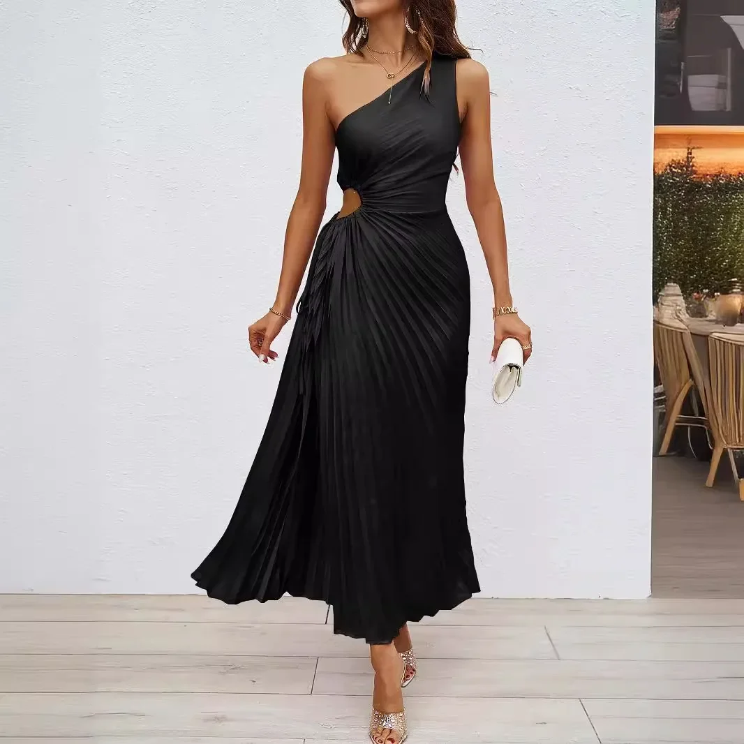 

Summer Fashion Solid A-line Dress Women Elegant Slant Neck Off Shoulder Sleeveless High Waist Pleated A-line Dress Women