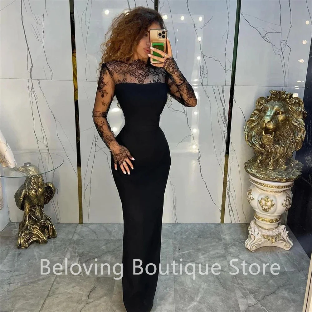 

Elegant Lace Black Mermaid Evening Dresses High Neck Slim Prom Dress Arabic Dubai Plus Size Wedding Party Gowns Cocktail Dress