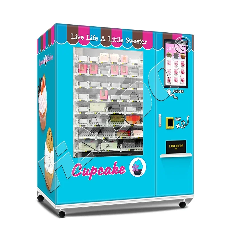 Fornitore di distributori automatici Haloo Distributore automatico di cupcake ATM per cupcake direttamente in fabbrica in Cina con touch screen ed ascensore