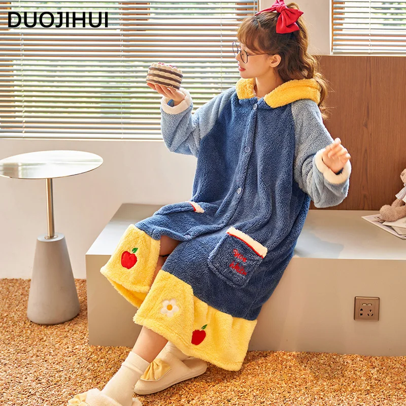 

DUOJIHUI Korean Style Loose Soft Flannel Robes for Women Basic Thick Warm Fashion Simple Spell Color Hooded Chic Female Pajamas