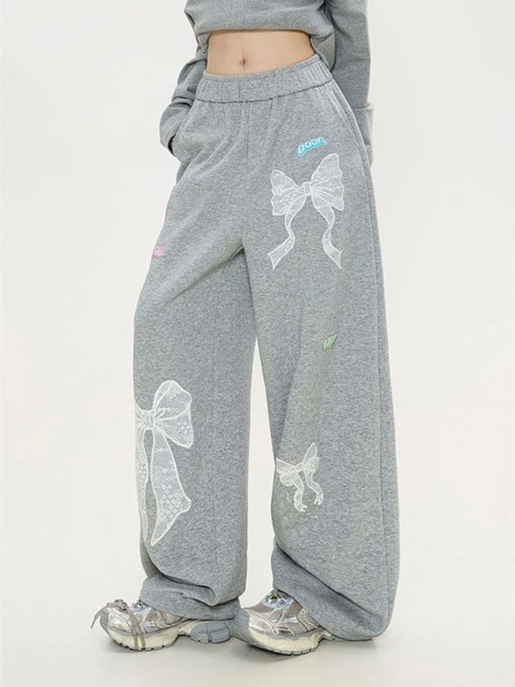 Women Wide Leg Sweatpants Lace Bow Embroidered Loose Casual Joggers Y2k Streetwear Harajuku Baggy Fashion Long Trousers