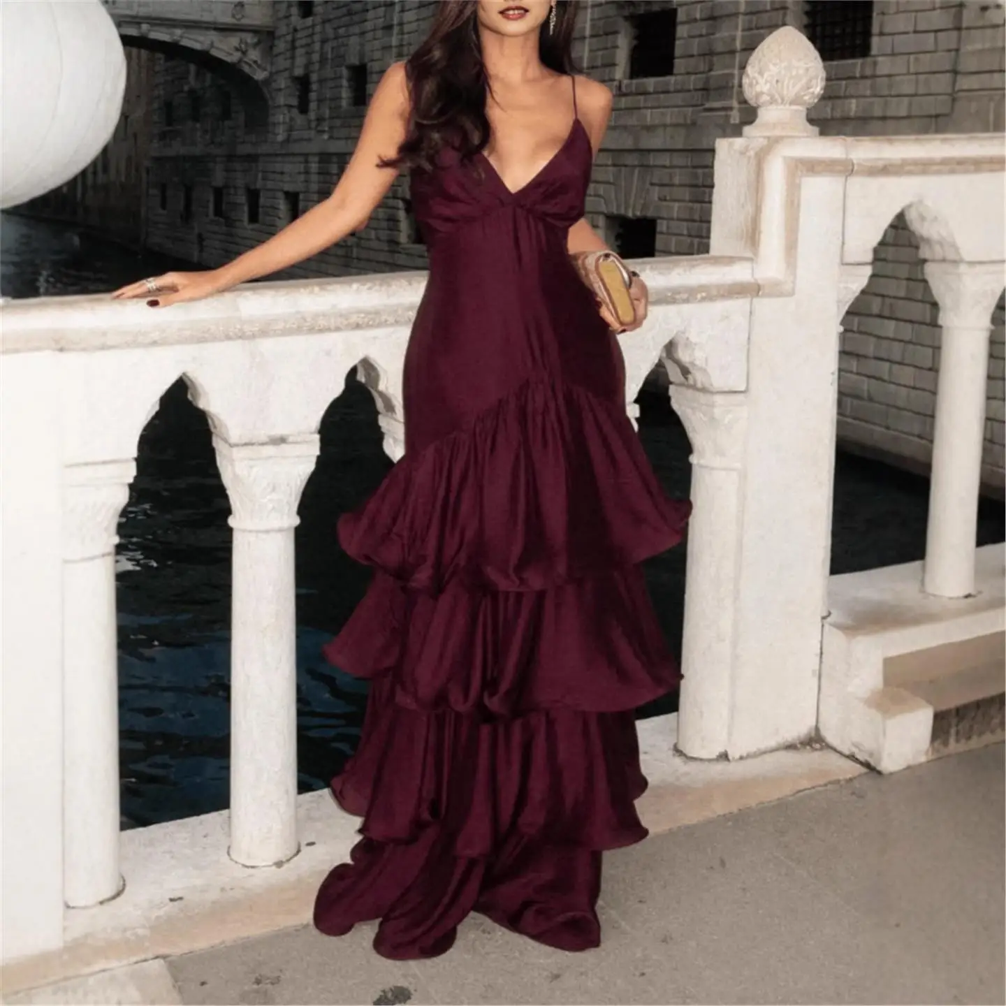 

New Deep V Ne Strapl Cake Dr Women's Sexy Sle Loose Waist No Brand Tee-acetate Fiber Winter Season Ciwalk Dr