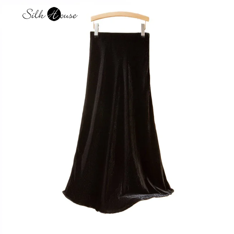 

2024 Autumn/Winter New Collection 30% Natural Mulberry Silk Velvet High Waist Retro High End Feminine Style Black Skirt