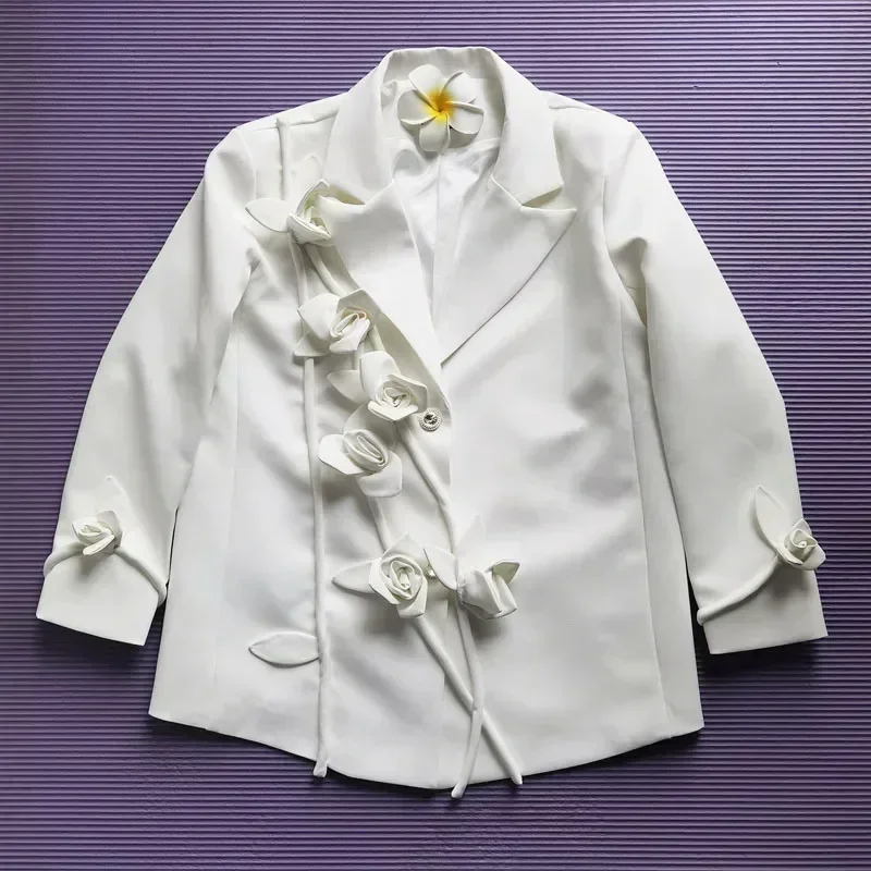 High Quality 2024  All Season Women New Fashion Notched Long Sleeve 3d Rose Flower Appliques Button Loose Casual White Blazer