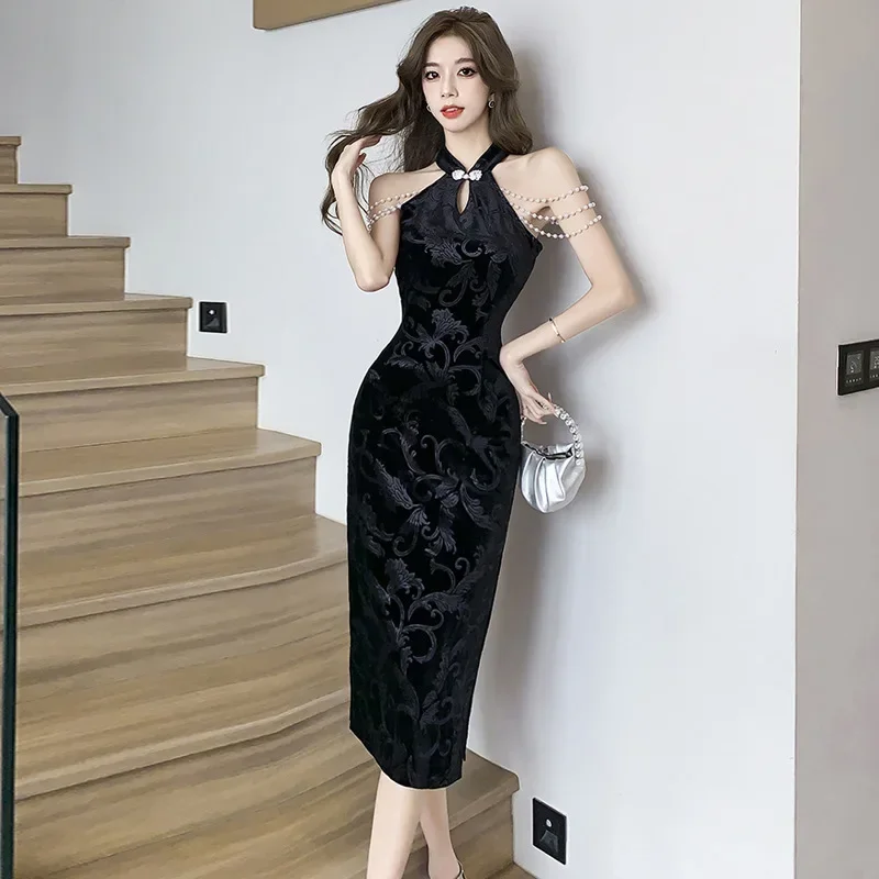 

Черное женское длинное Ципао с принтом, традиционное китайское платье Cheongsam с воротником-стойкой, летнее сексуальное платье без рукавов с разрезом, элегантное платье